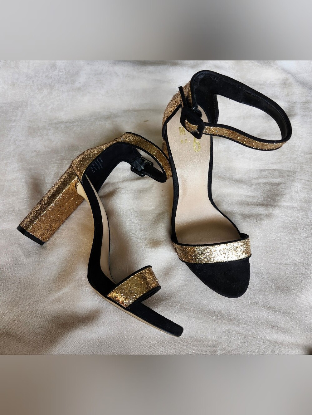 Mix No. 6 Black and Gold Glitter Block Heel Sandals